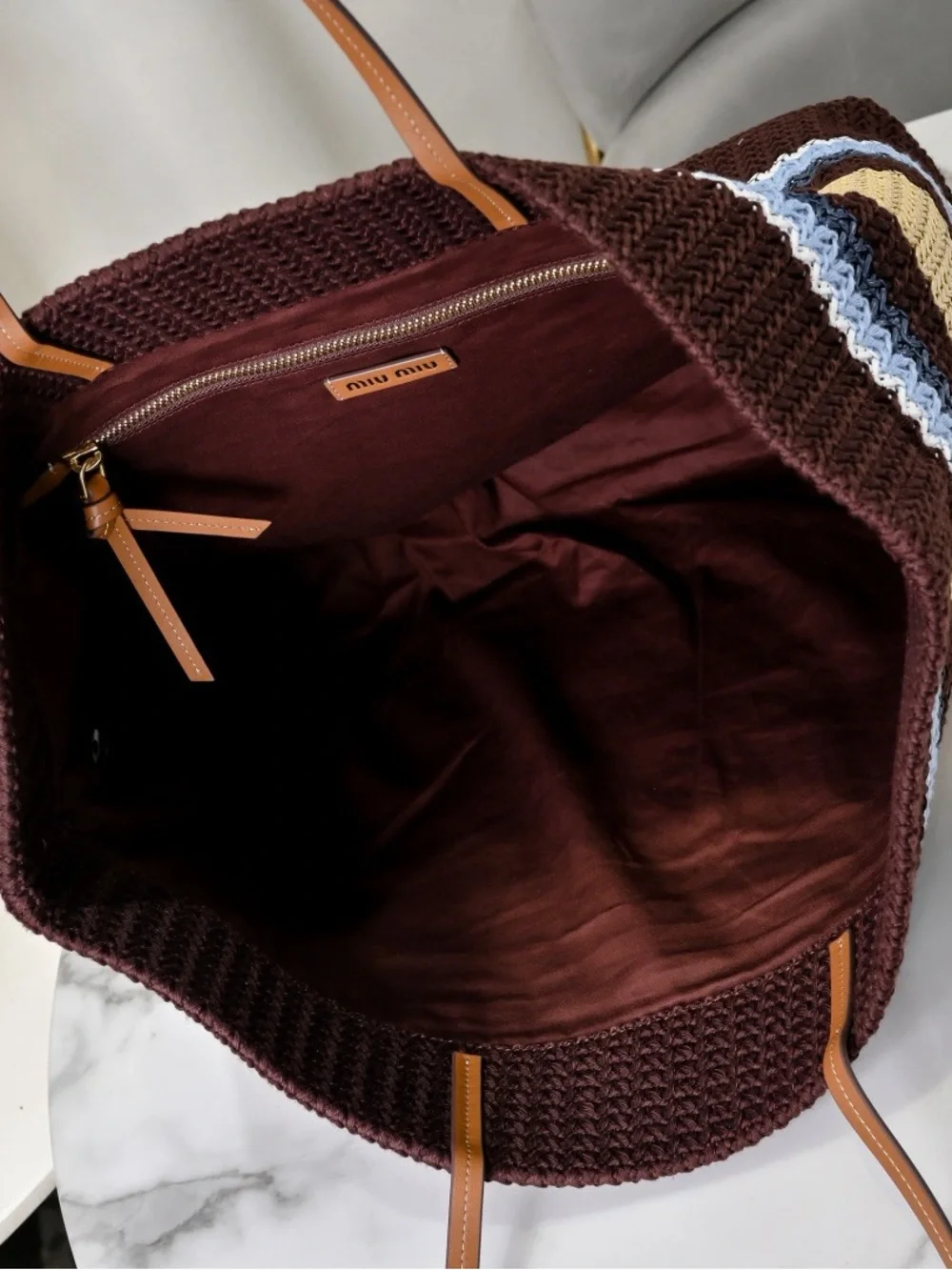 Miu Miu Brown, Cream & Blue Striped Woven Tote with Logo